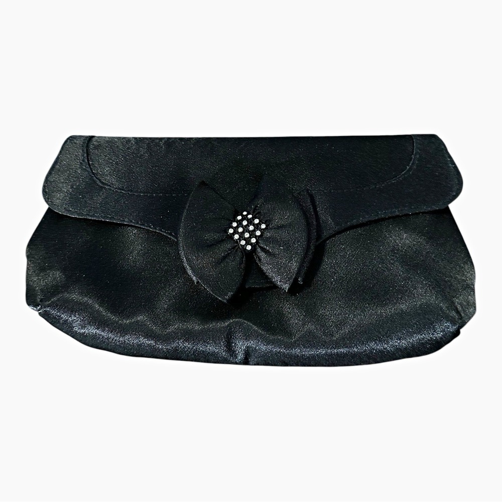 Jessica McClintock Black Satin Evening Bag Rhinestone Bow Clutch Shoulder Purse